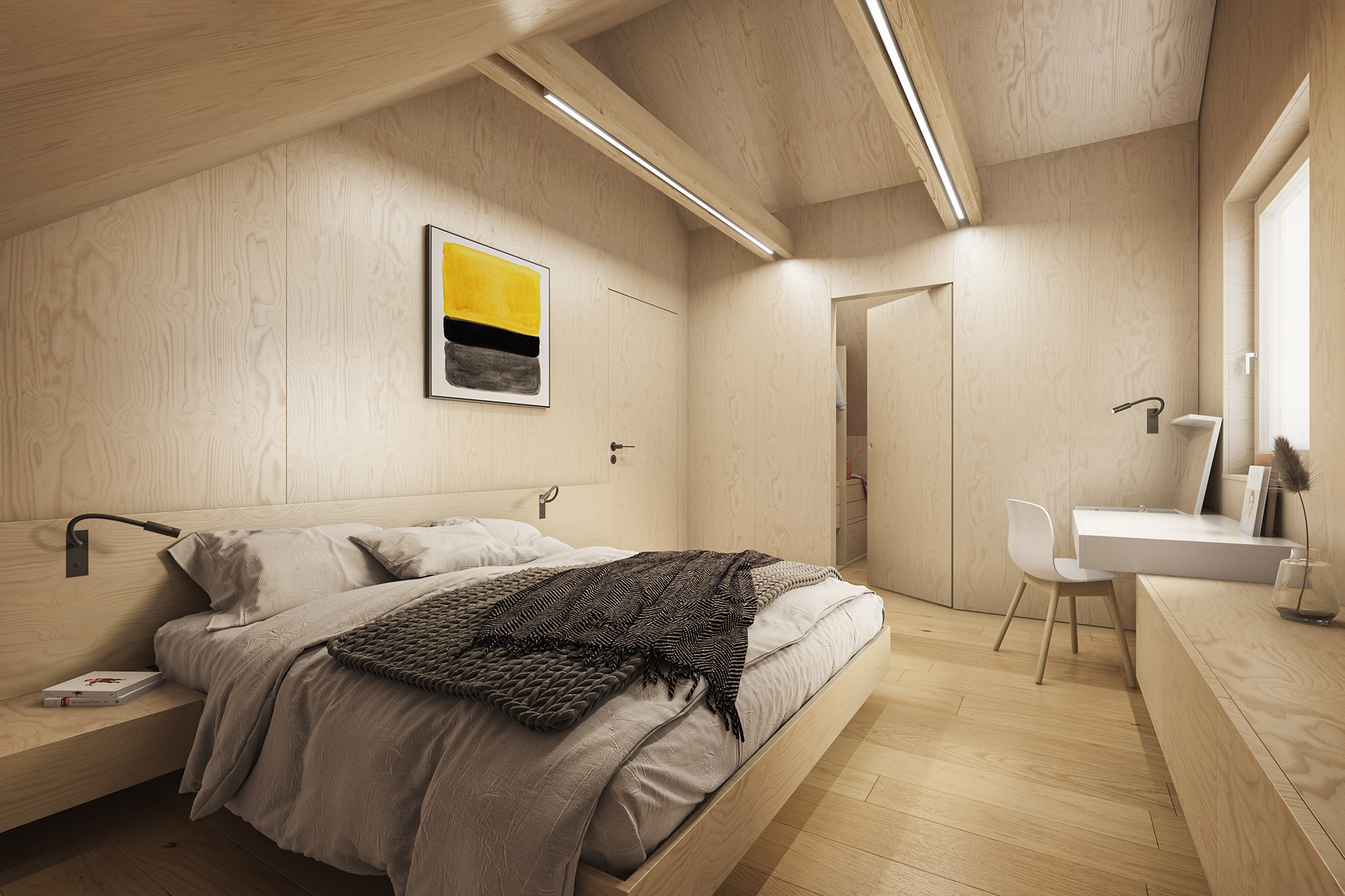 a modern bedroom showcasing different uses for plywood